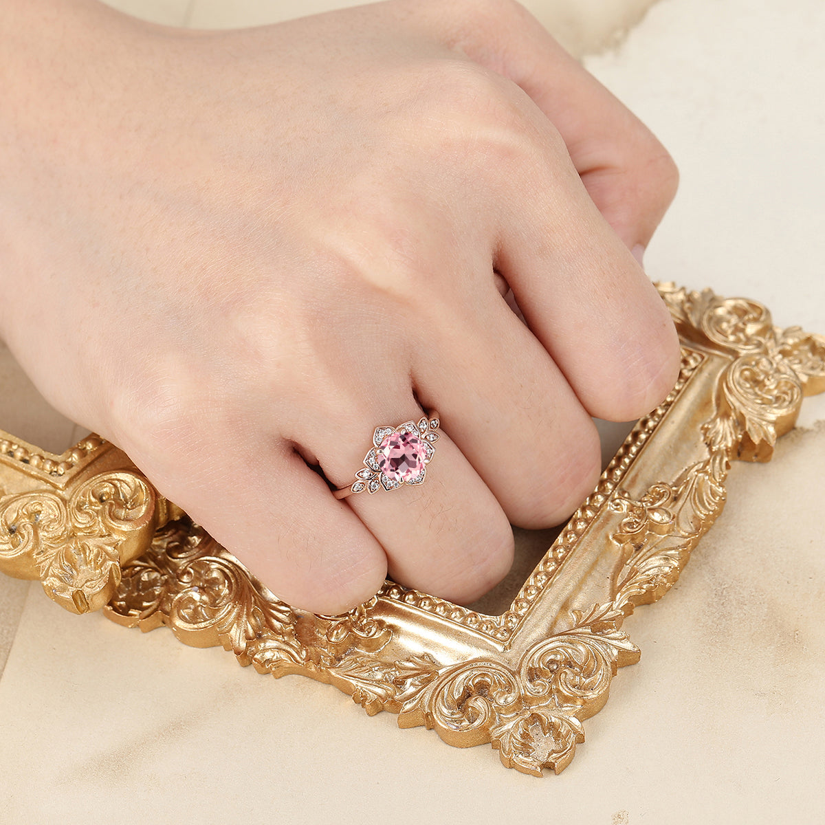 Retro Round Cut Pink Morganite Engagement Ring Floral-inspired Bridal Ring Women Fine Ring