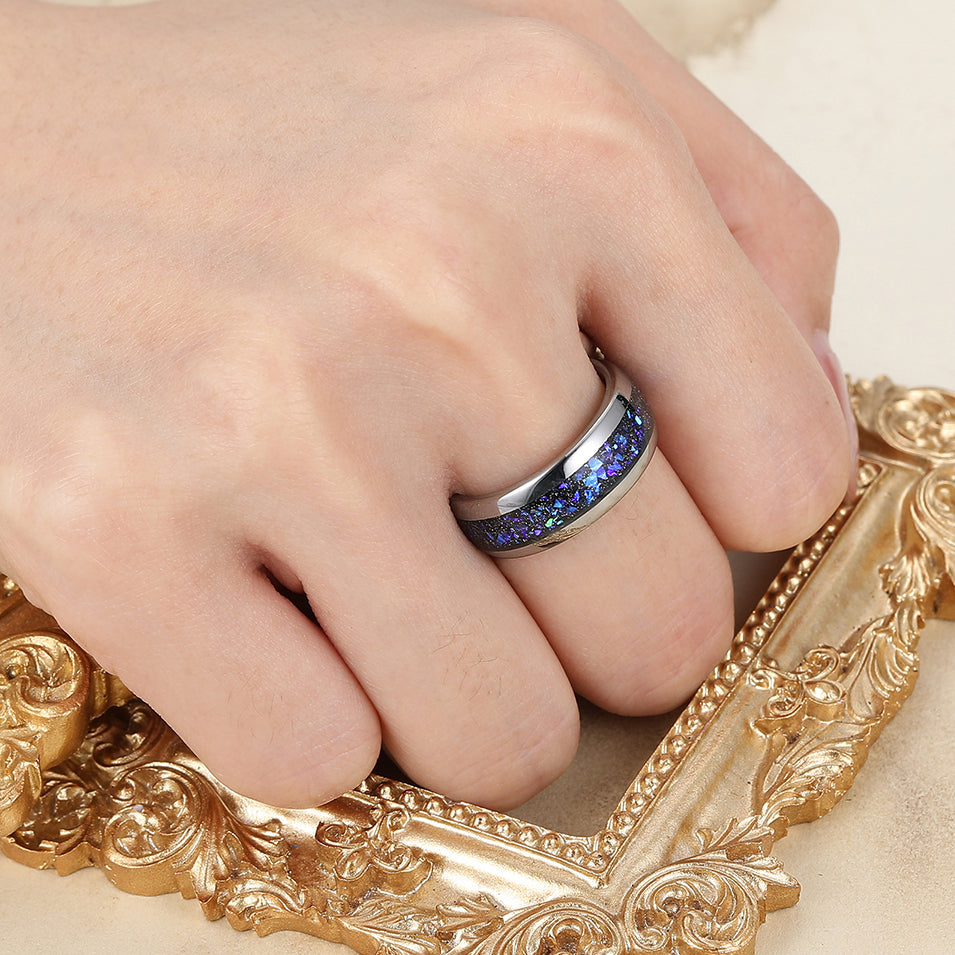 Blue Galaxy Sandstone Tungsten Ring Orion Nebula Band 8mm Polished Dome Silver Gray Men's Ring