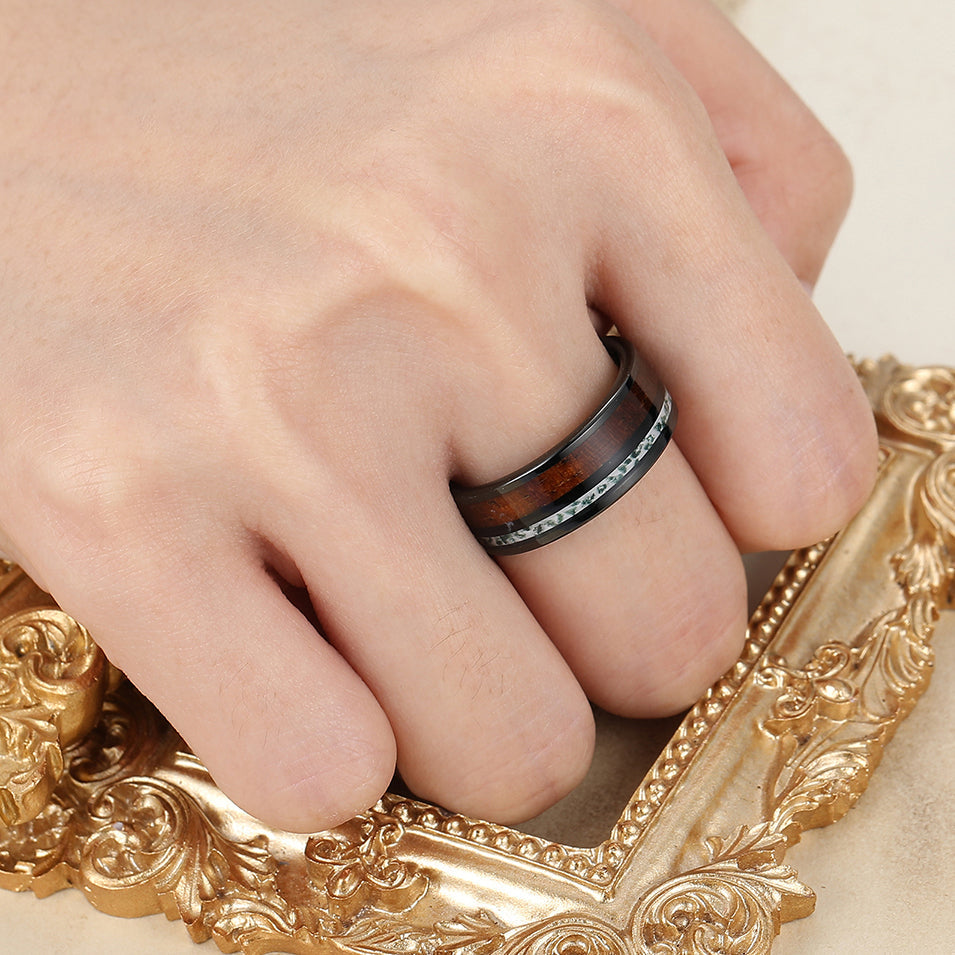 Wood Strips Moss Agate Tungsten Men's Wedding Band Black Men's Unisex Ring