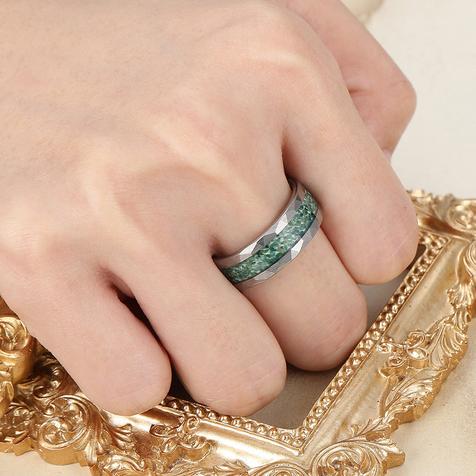 Unique 8mm Men's Moss Agate Tungsten Engagement Ring Engravable Wedding Band Silver/Black/Yellow Gold Anniversary Ring
