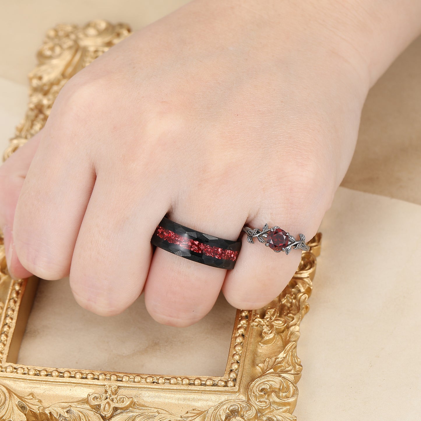 Natural Red Garnet Wheat Design Engagement Couple Rings 925 Sterling Silver And Tungsten Black Plated Rings