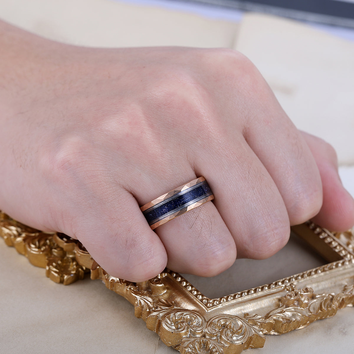 Starry Dark Blue Sandstone Wide Men' s Tungsten Wedding Band Promise Hammered Unisex Ring
