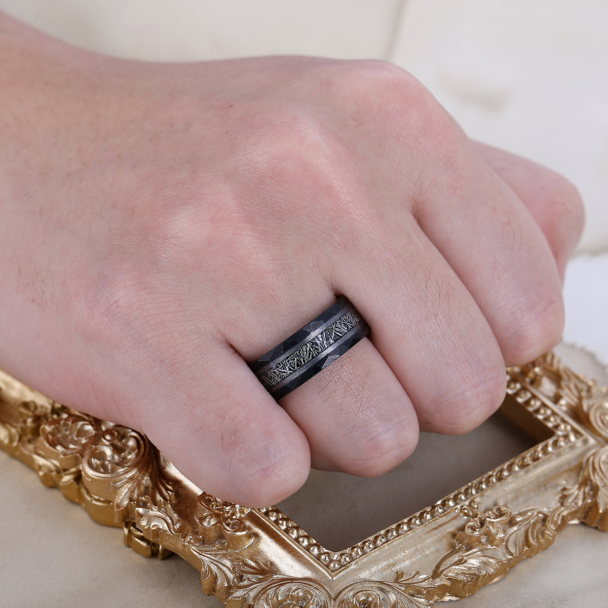 Tungsten Wedding Ring With White Meteorite Inlay Black Ring For Men and Women