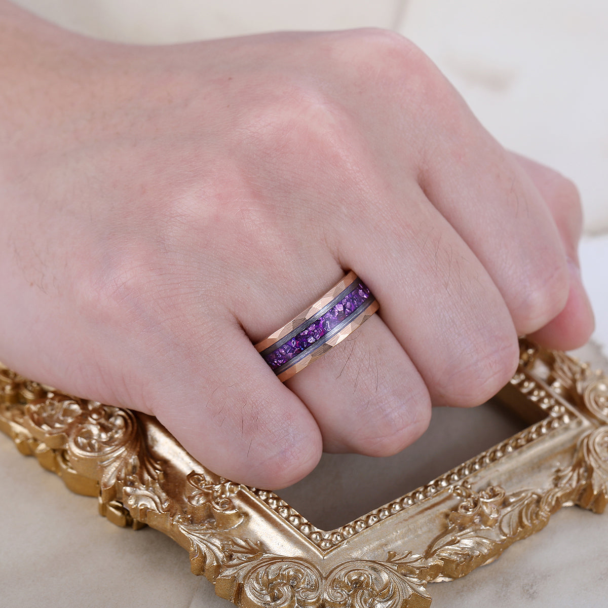 Amethyst Gemstone Inset Wedding Band Men's 8mm Personalized Anniversary Hammered Tungsten Ring