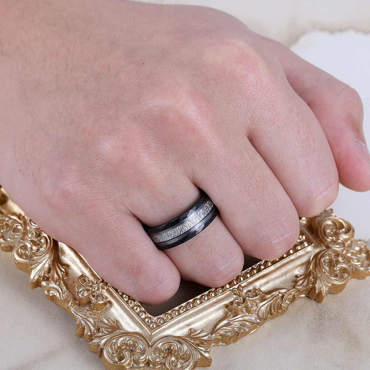 Unique Men's White Meteorite Inlay 8mm Tungsten Wedding Ring - Black, Rose, Yellow Gold Anniversary & Promise Band