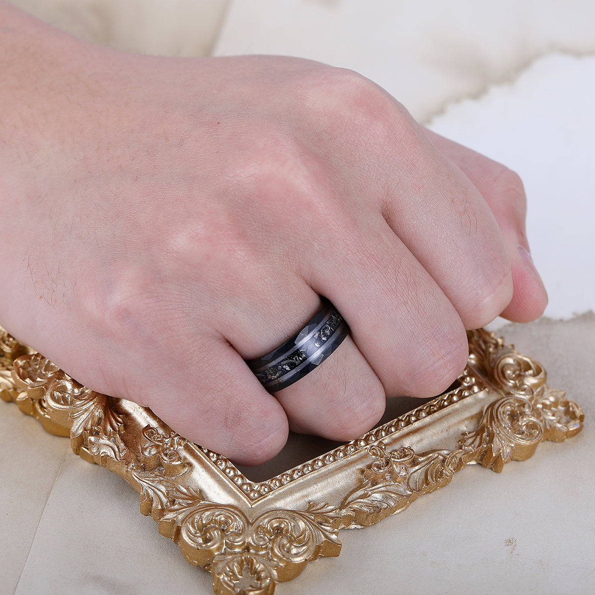 Engravable 8mm Hammered Tungsten Wedding Ring With Black Meteorite Men's Anniversary Band