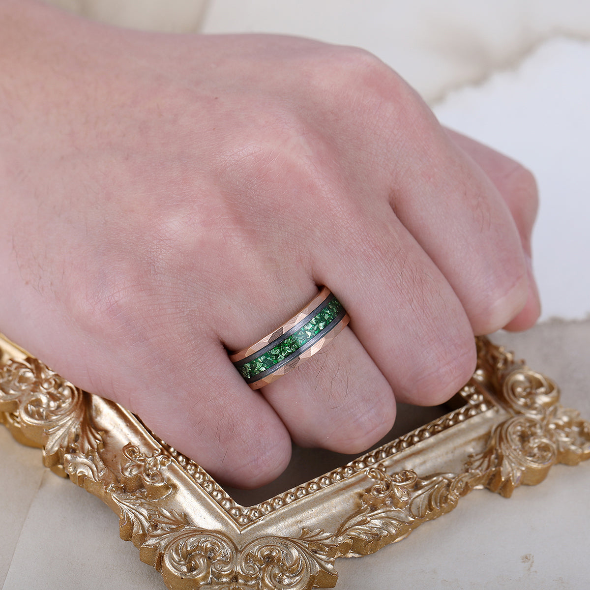Green Emerald Men' s Tungsten Ring Hammered Unisex Anniversary Birthday Wedding Band
