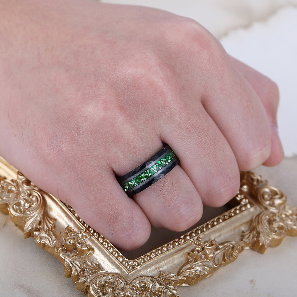 Green Emerald Men' s Tungsten Ring Hammered Unisex Anniversary Birthday Wedding Band