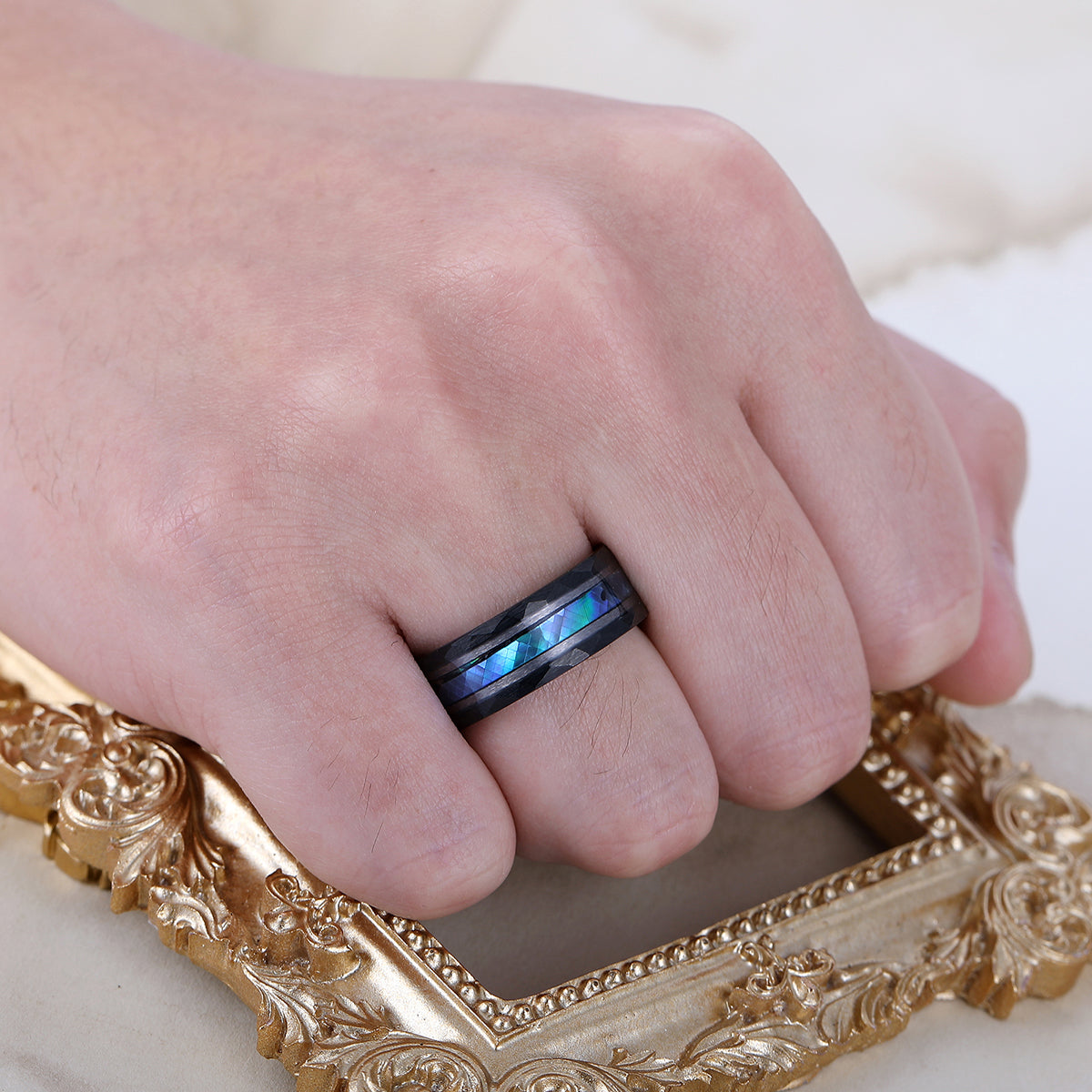 Stylish Men's 8 mm Hammered Tungsten Inner Engravable Wedding & Anniversary Ring Inset White Shell