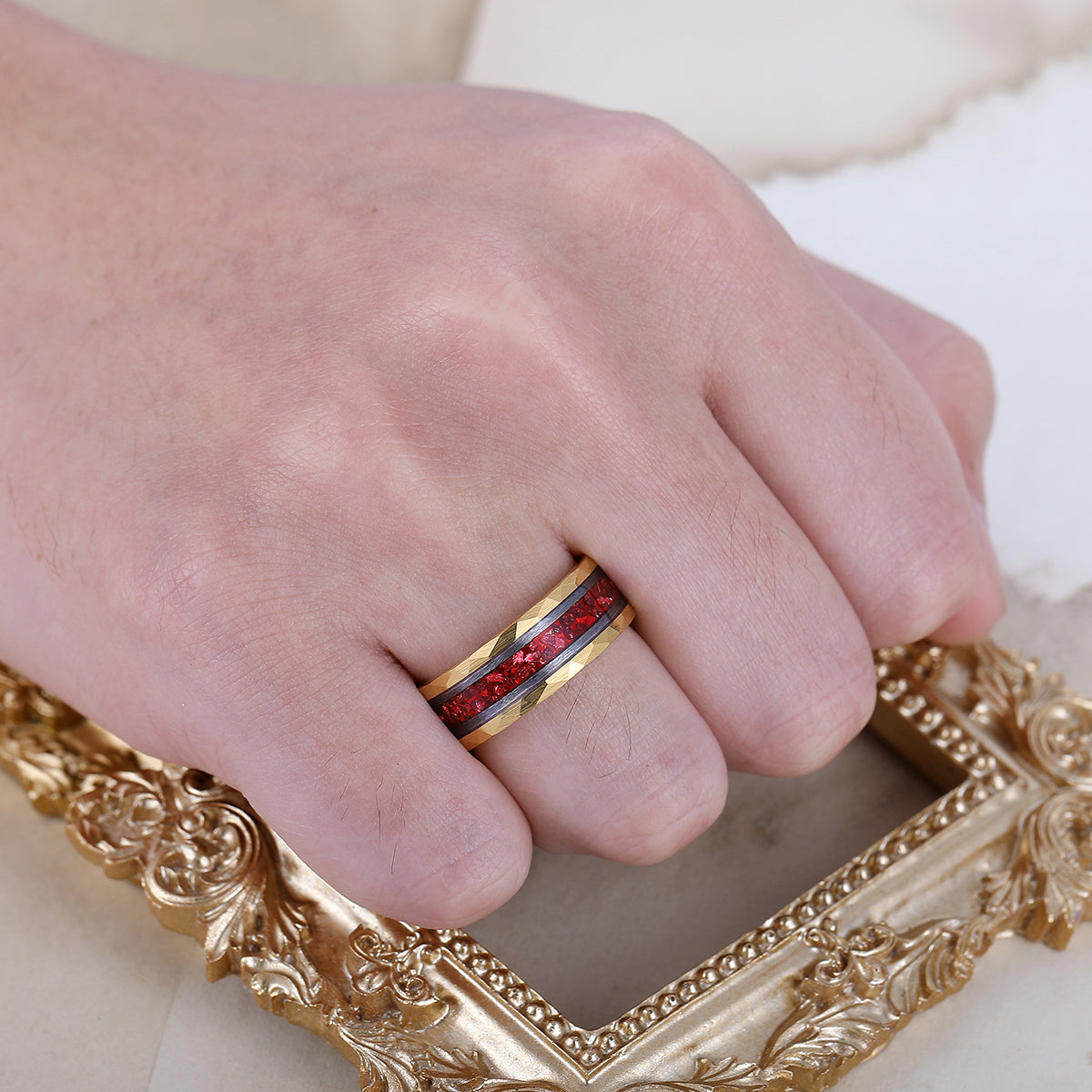 Dazzling Crushed Ruby Tungsten Anniversary Ring Men's 8mm Engravable Wedding Band