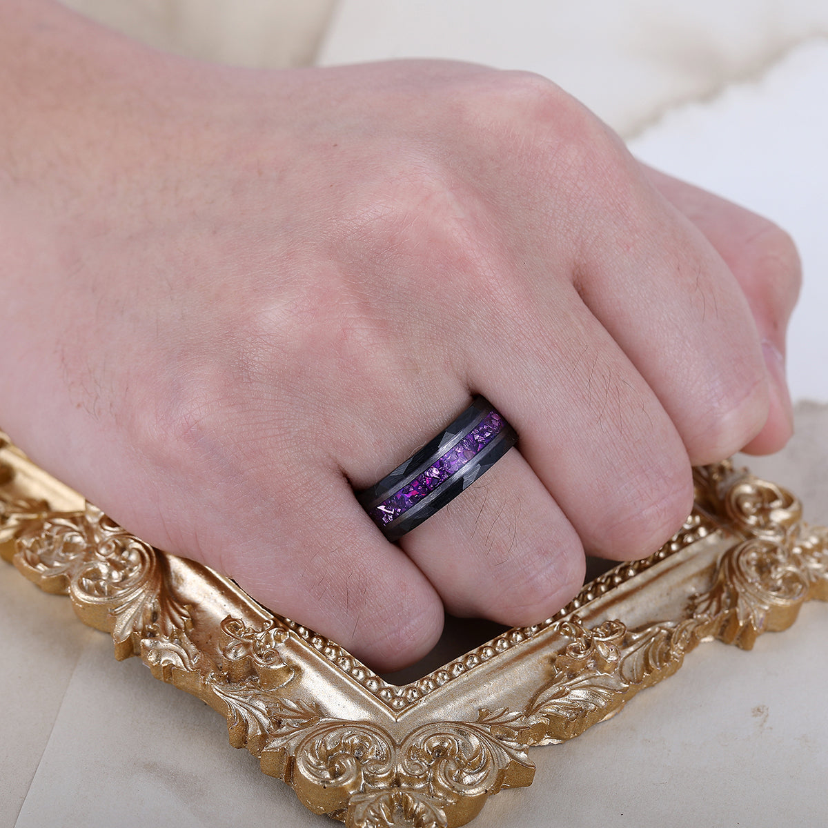 Amethyst Gemstone Inset Wedding Band Men's 8mm Personalized Anniversary Hammered Tungsten Ring