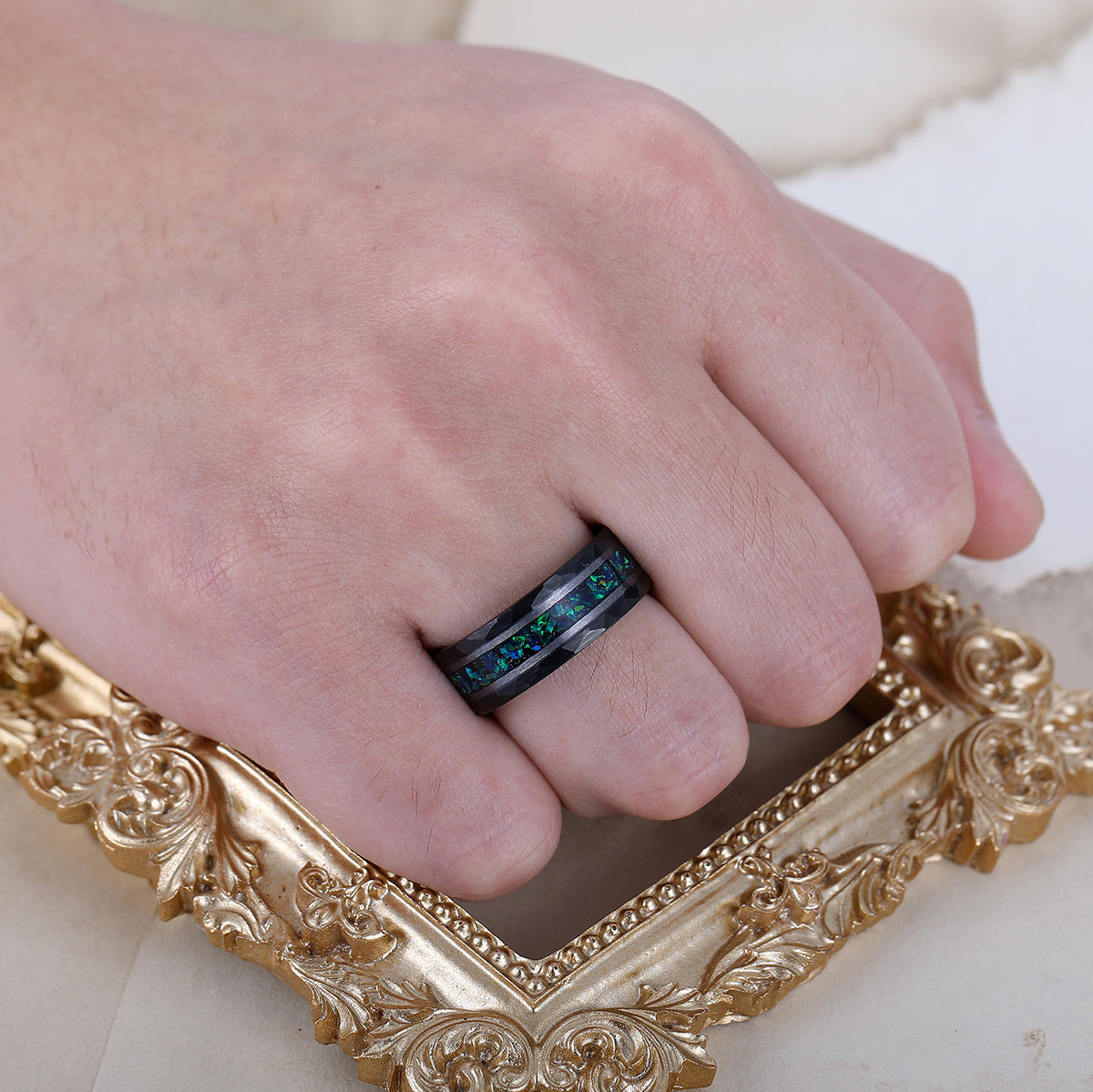 Stylish Men's 8mm Tungsten Ring Peacock Green Opal - Black, Rose Gold, Yellow Gold Anniversary & Promise Band