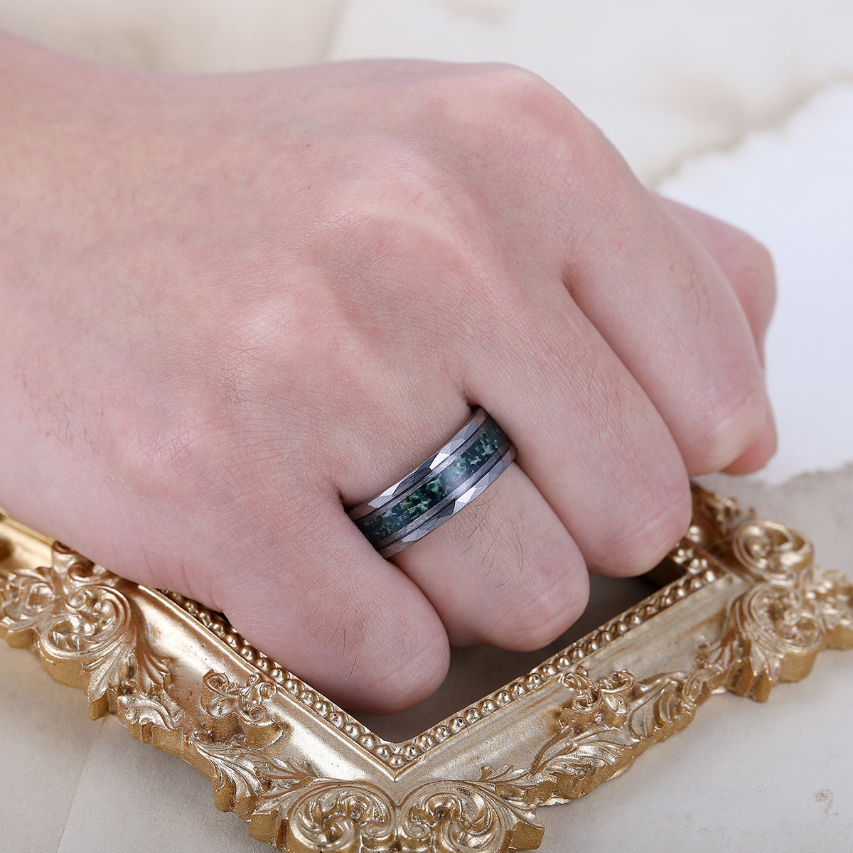 Unique Men's Moss Agate Tungsten Engagement Ring Engravable Wedding Band Silver/Black/Yellow Gold Anniversary Ring