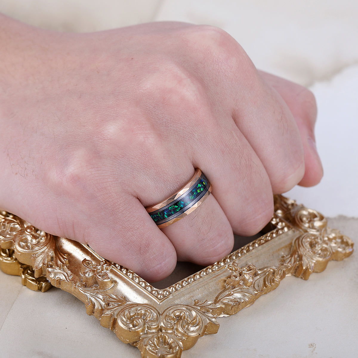 Stylish Men's 8mm Tungsten Ring Peacock Green Opal - Black, Rose Gold, Yellow Gold Anniversary & Promise Band