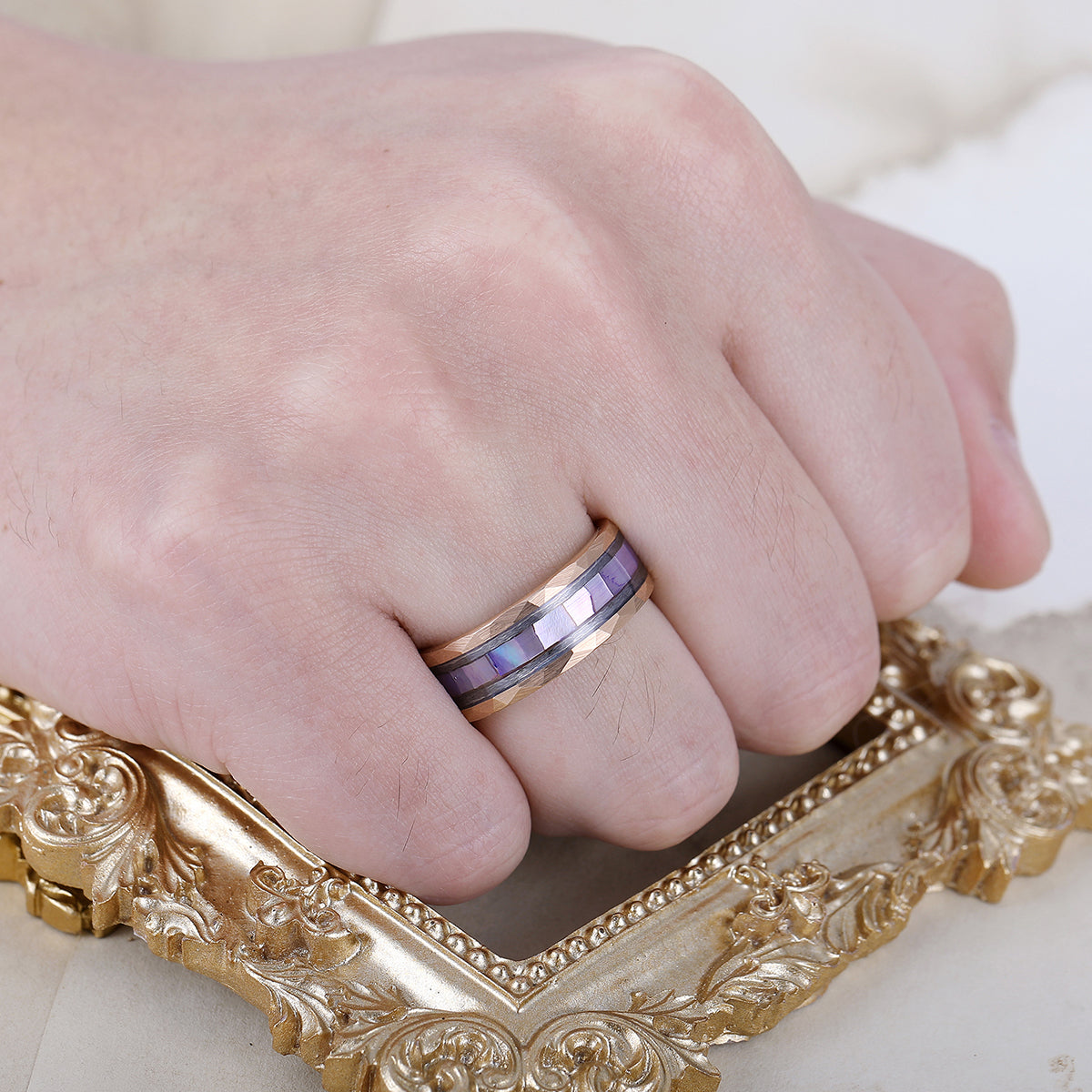 Hammered Tungsten Engravable Promise Ring With White Shell Inset Ideal Anniversary Ring