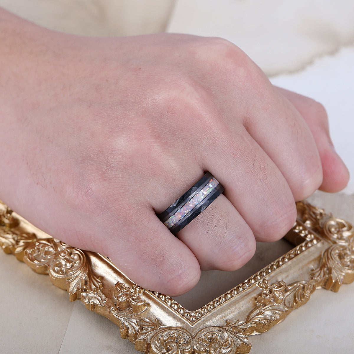 Pink White Opal Men's 8mm Tungsten Wedding Ring - Black, Rose Gold, Yellow Gold Anniversary & Promise Ring