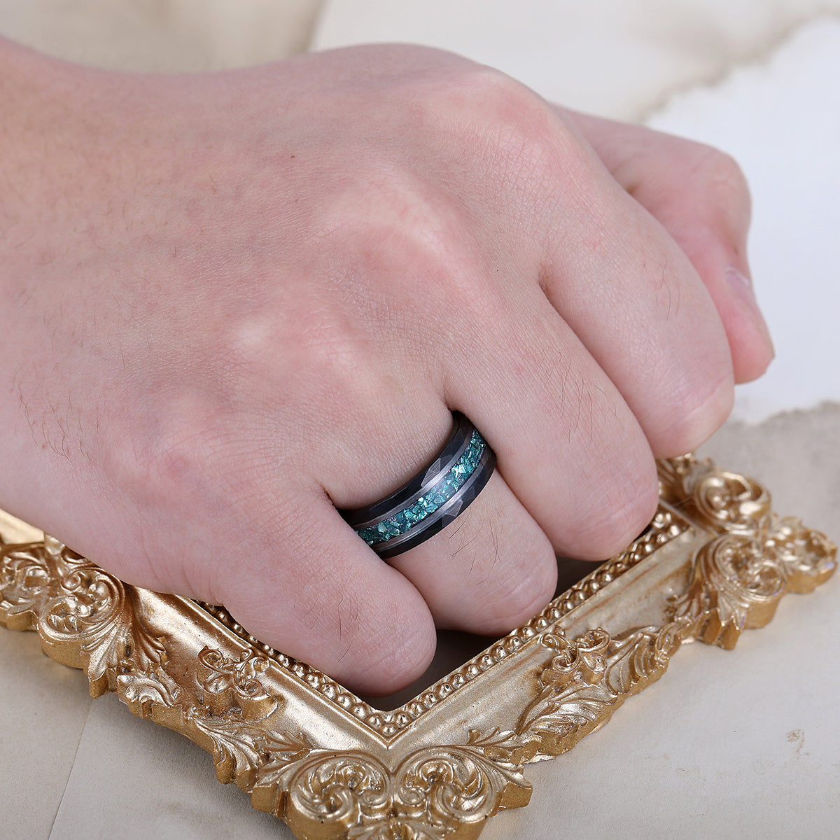 Aquamarine Hammered Hammered Tungsten Wedding Band For Men And Women 8mm Engraving Ring