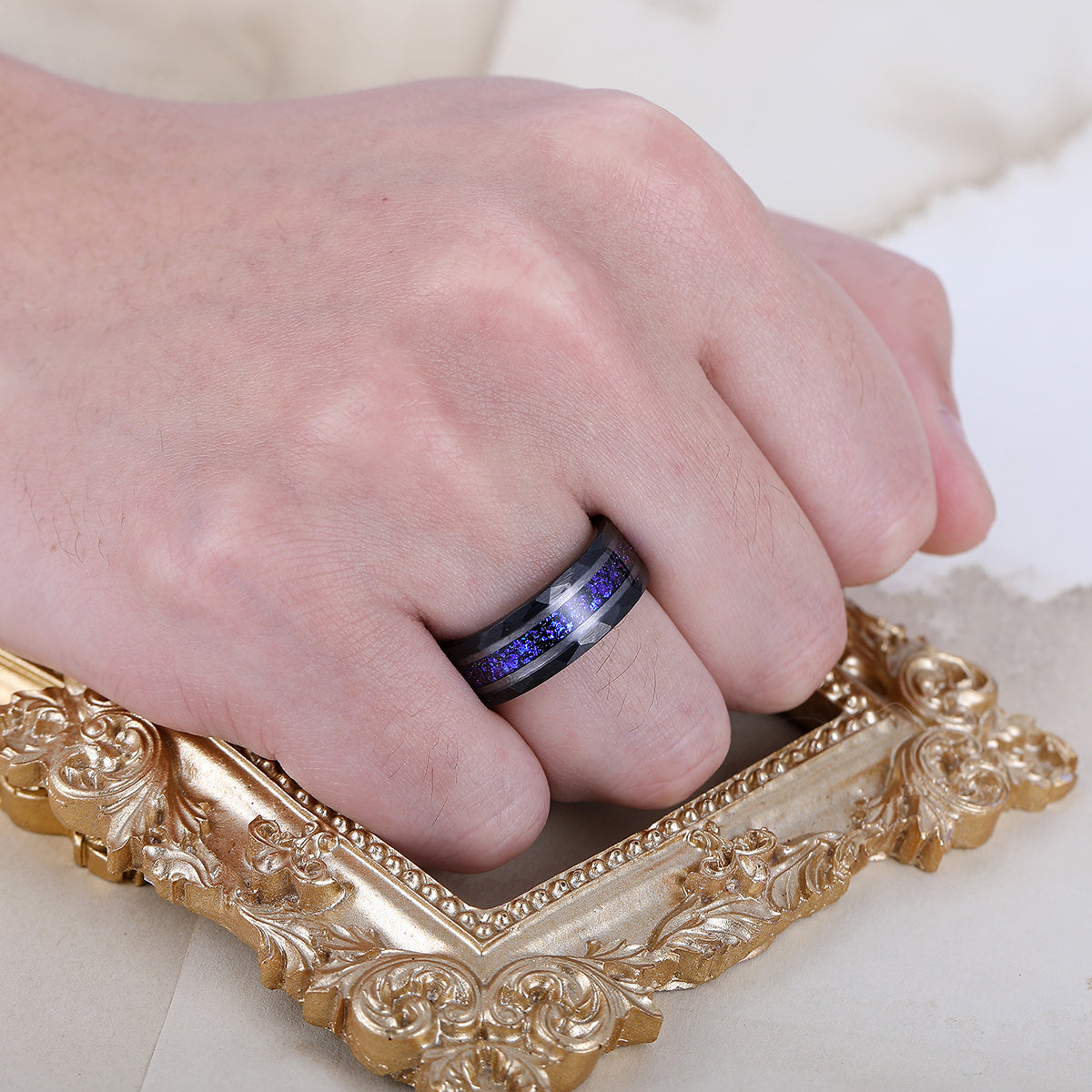 Men's 8mm Tungsten Ring Sapphire Inset Wedding Ring - Black, Silver, Yellow Gold Anniversary & Promise Ring