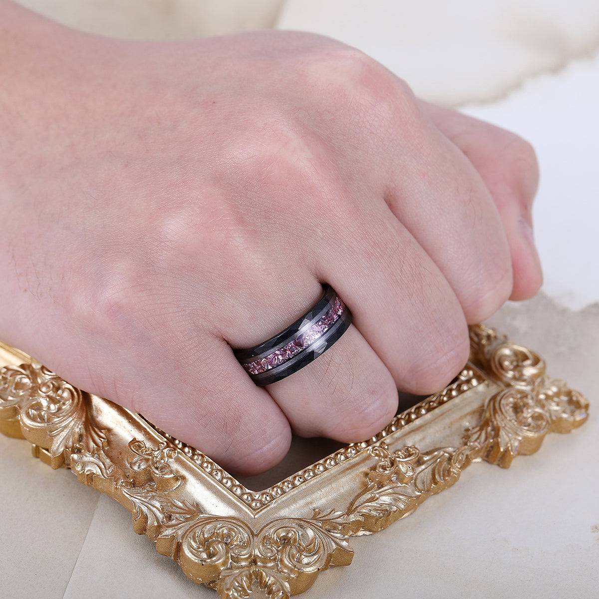 Men's 8mm Tungsten Ring Pink Sapphire Inset Wedding Ring - Black, Rose Gold, Yellow Gold Anniversary & Promise Ring
