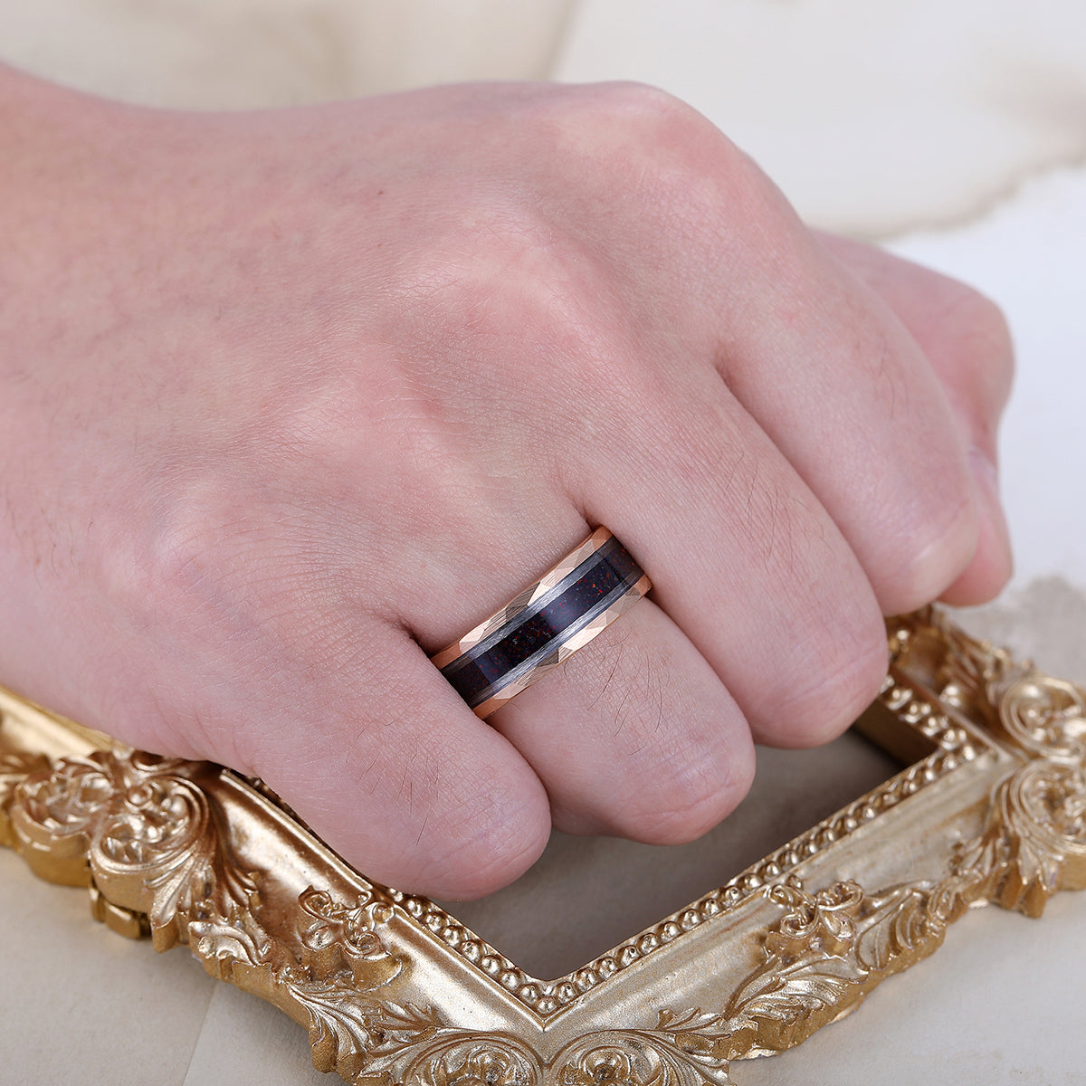 Red Fire Opal Wedding Band Men' s Opal Tungsten Ring Hammered Unisex Anniversary Ring