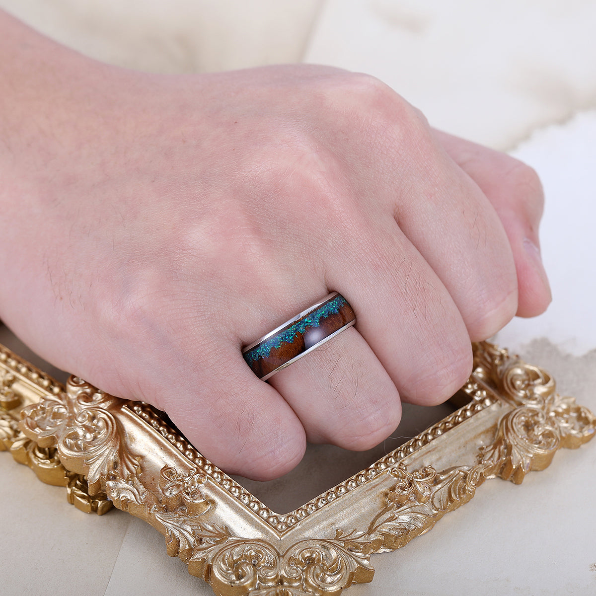 Peacock Green Opal Fashion Men's 8mm Tungsten Steel Wedding Ring Black Silver Promise Ring