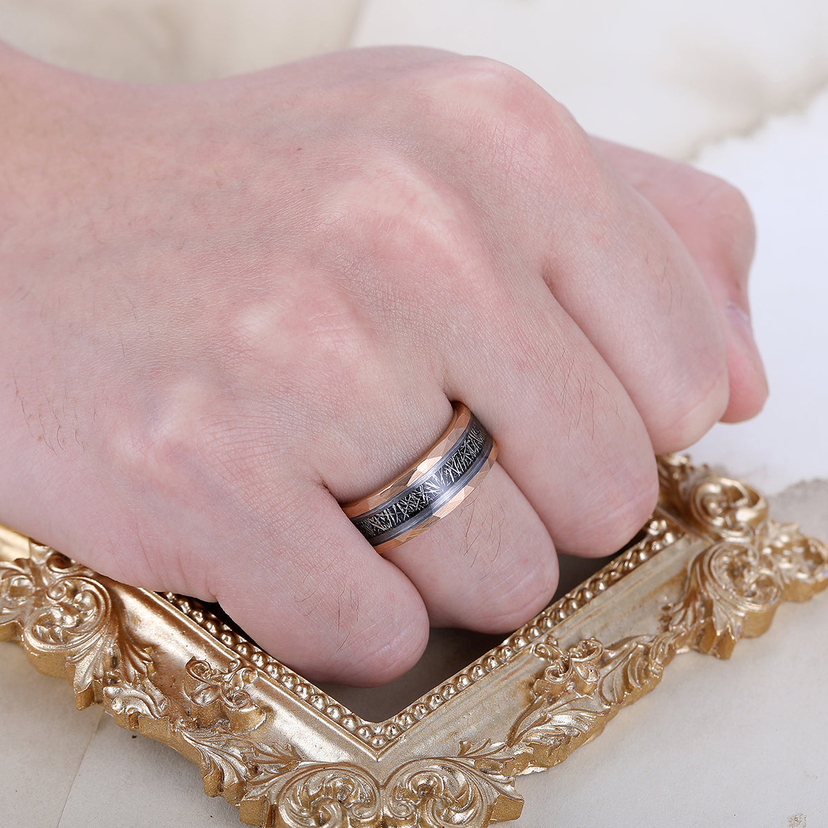 Tungsten Wedding Ring With White Meteorite Inlay Black Ring For Men and Women