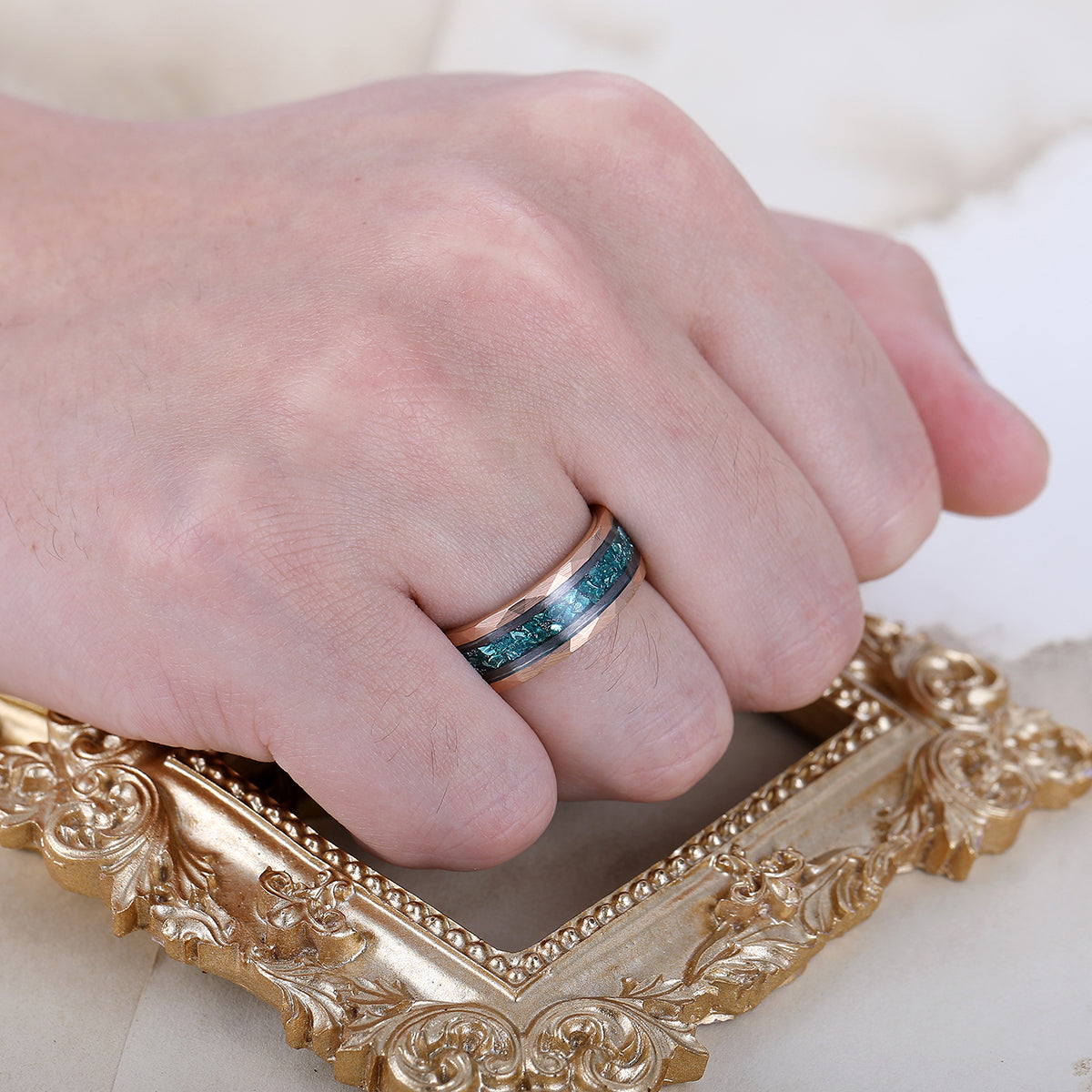 Aquamarine Hammered Hammered Tungsten Wedding Band For Men And Women 8mm Engraving Ring
