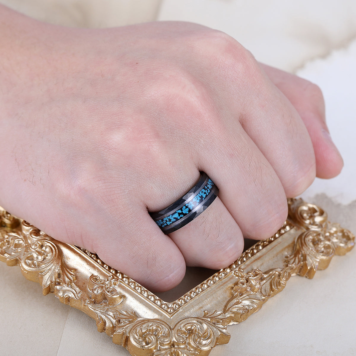 Unique Blue Green Turquoise Men' s Tungsten Ring Hammered Men And Women Anniversary Birthday Ring