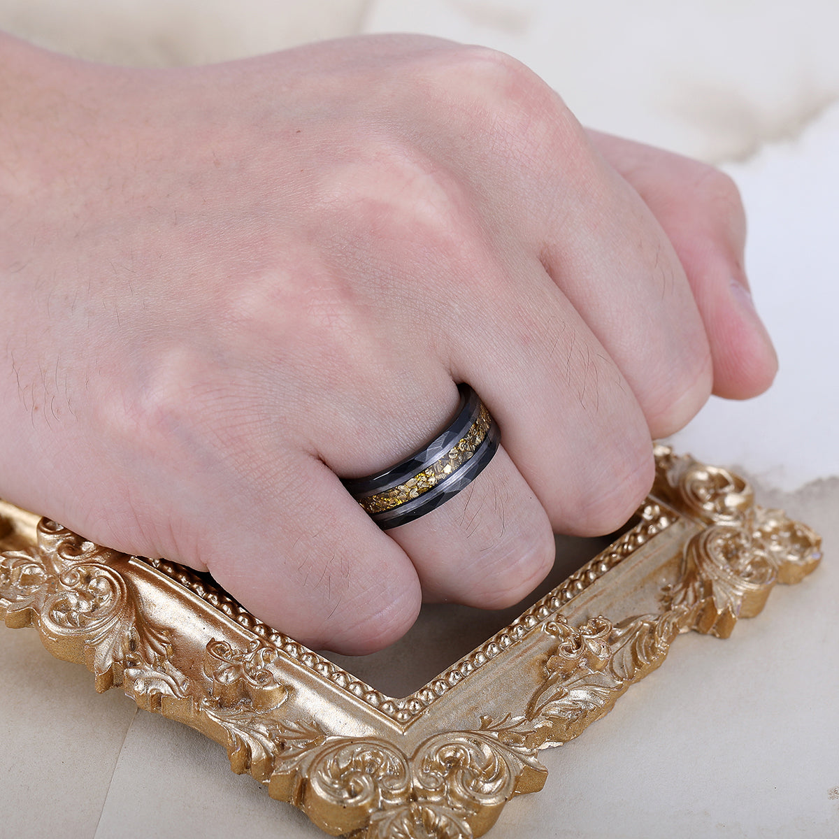 8mm Yellow Citrine Mens Engagement Band Hammered Promise Ring for Him And Her