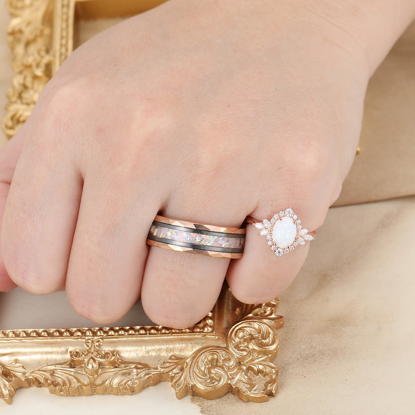 Retro Oval Pink White Opal Engagement Couple Rings Matching Tungsten His and Hers Wedding Promise Band