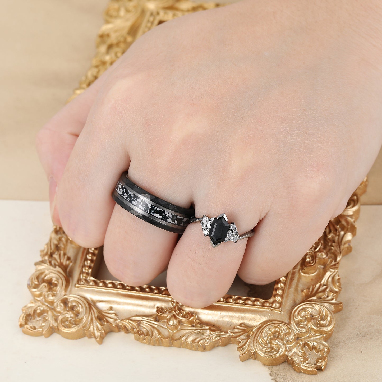 Noble Natural Black Onyx Accents Engagement Couples Ring Promise Wedding Bands For Men And Women