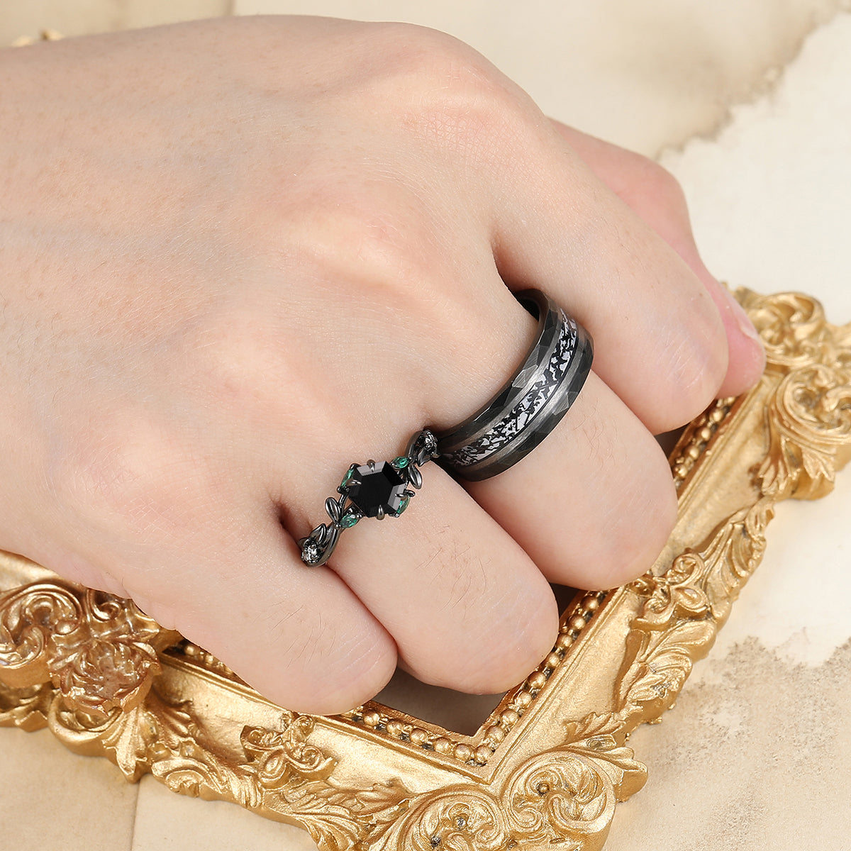 Unique Leaf Design Black Onyx Twig Engagement Couple Rings S925 And Tungsten Black Plated Marriage Ring