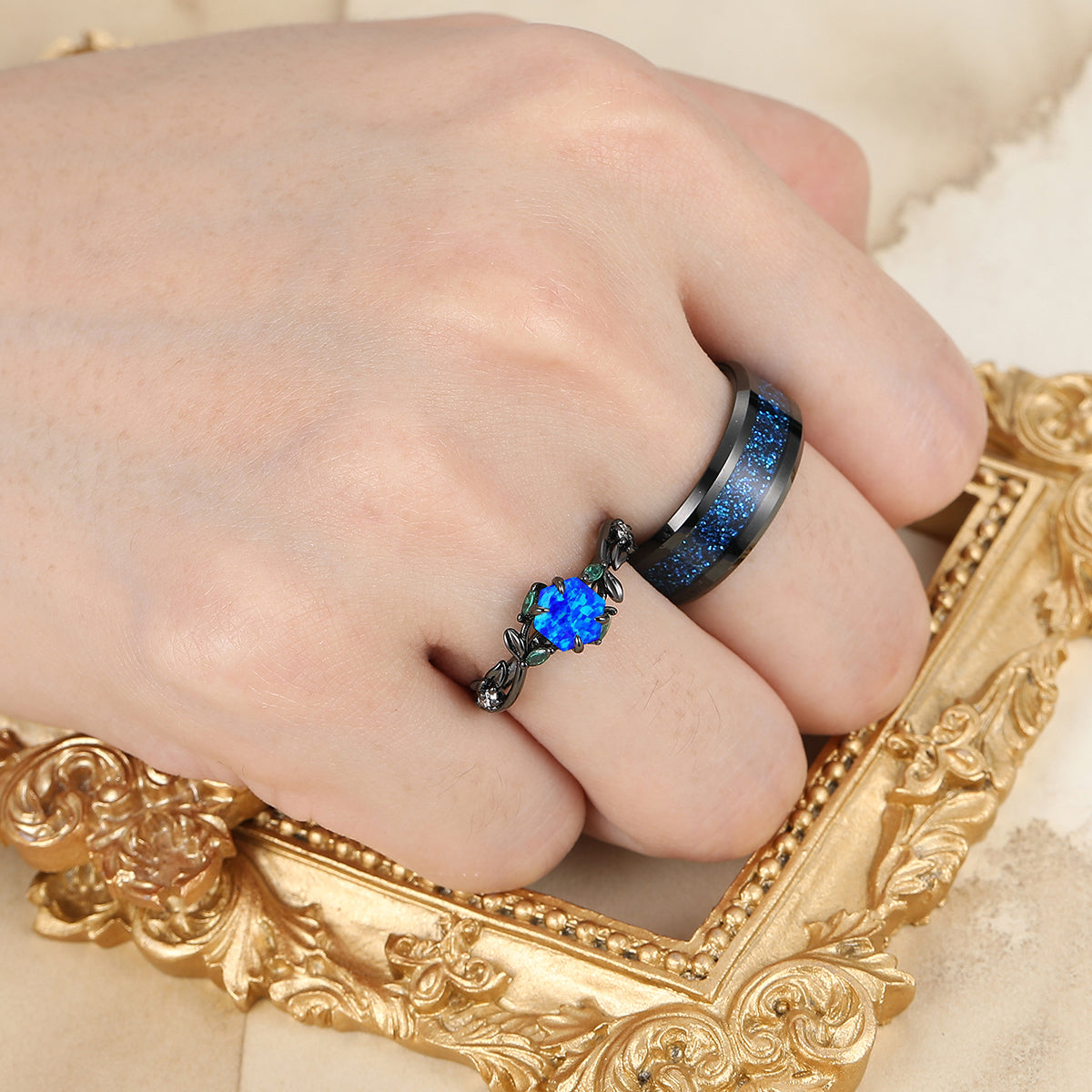 Enchanted Blue Opal Sprig Engagement Couple Rings Matching His And Hers Wedding Bands