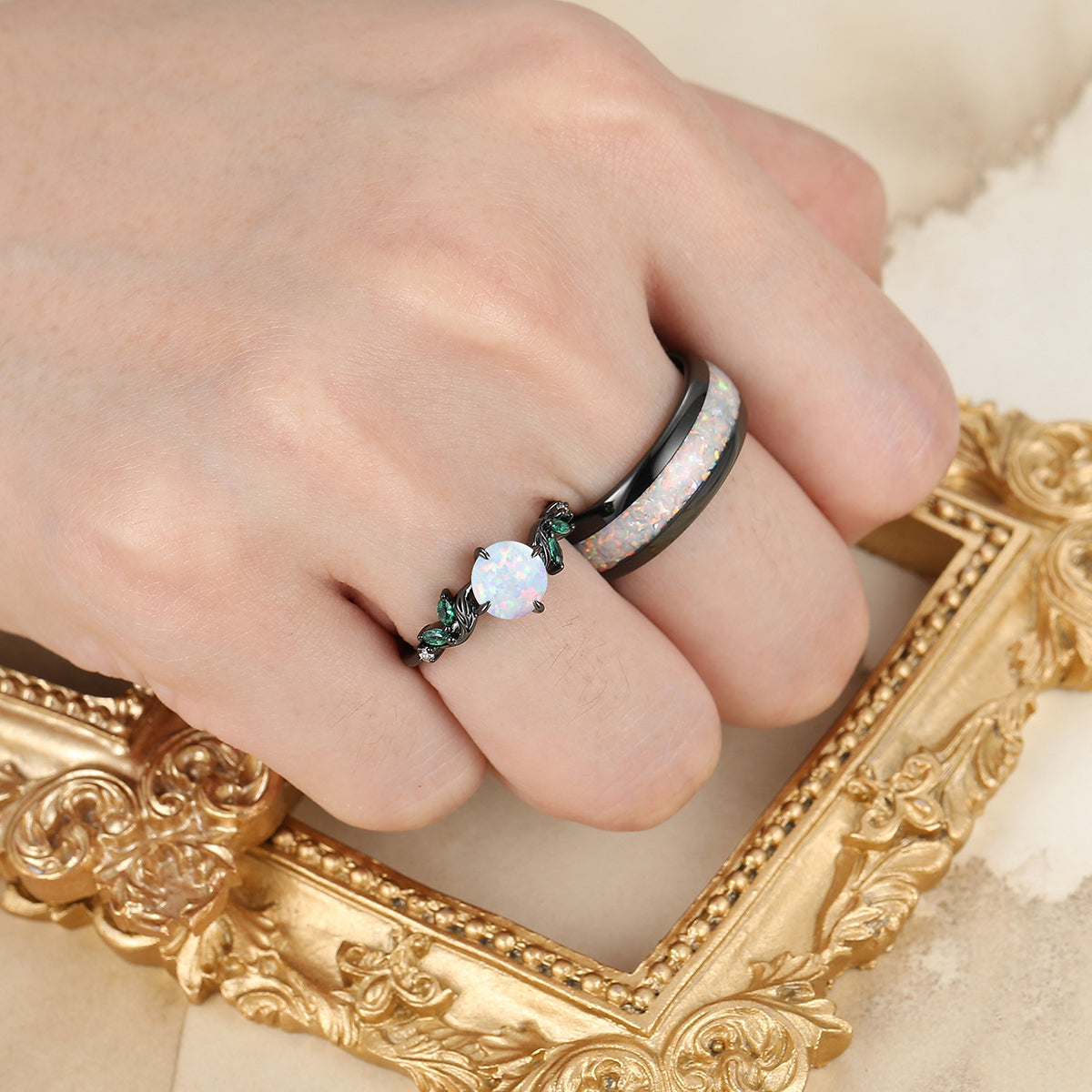 Unique Leaf Design Pink White Opal Engagement Couple Rings Personalized Anniversary Wedding Band