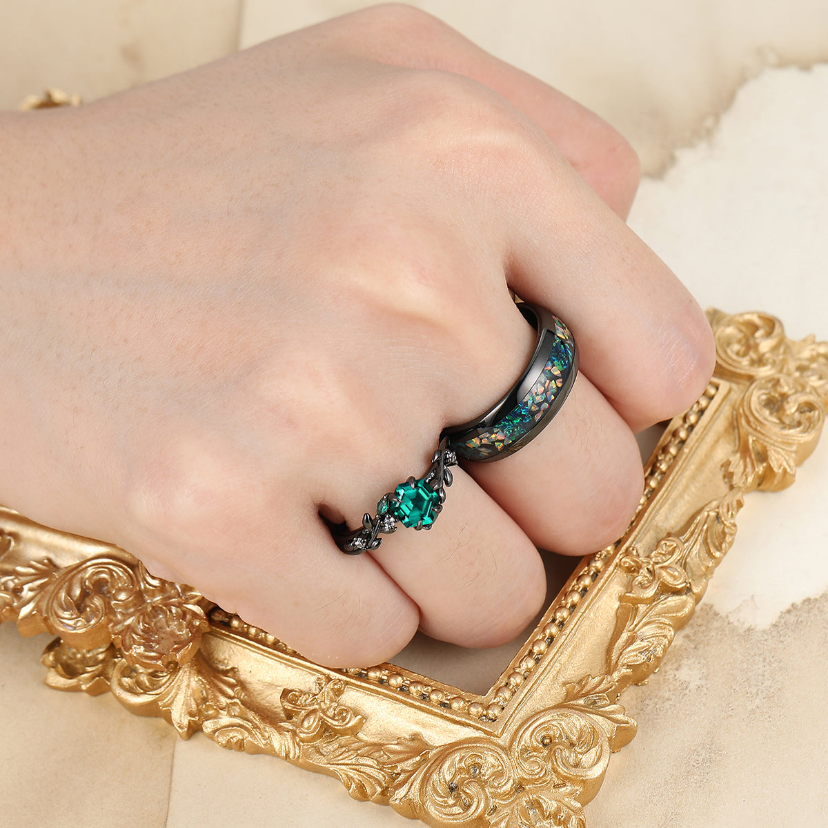 Art Deco Emerald Leaves His And Hers Wedding Band Matching Green Tungsten Couple Rings