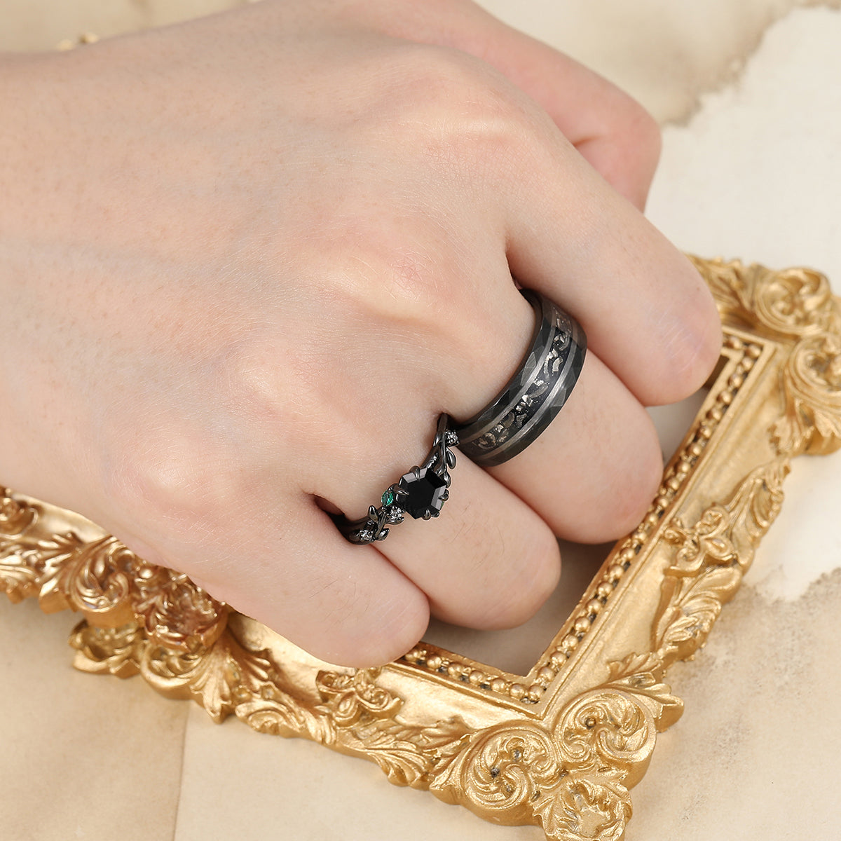 Delicate Black Onyx Leaves Engagement Couple Rings Matching Promise Wedding Bands