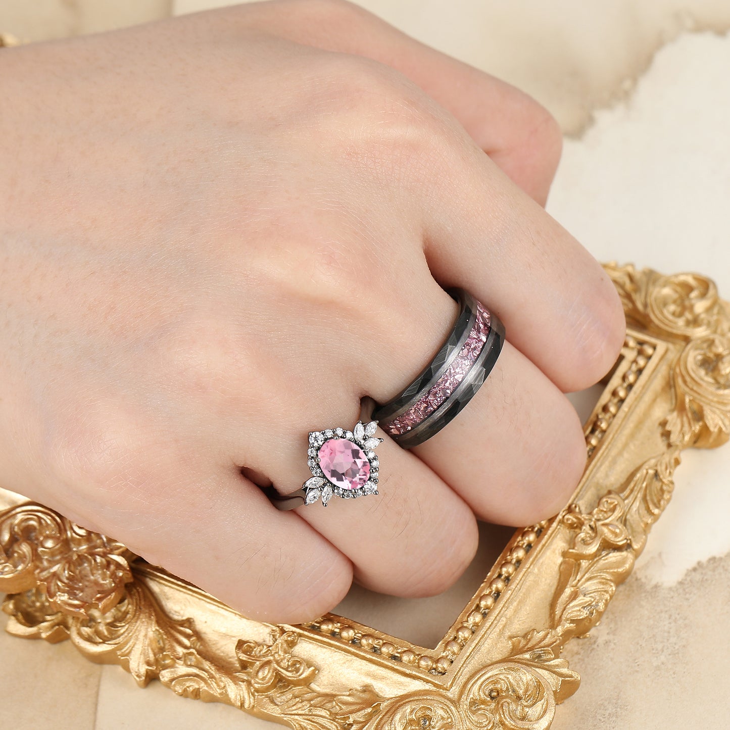 Romantic Pink Morganite Engagement Couple Rings Matching Black Tungsten His And Hers Wedding Bands