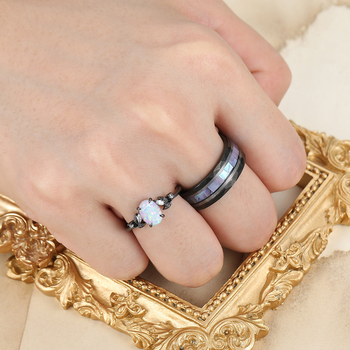Elegant Pink White Opal Leaf Accents Engagement Rings For Couples Hammered Tungsten Bands