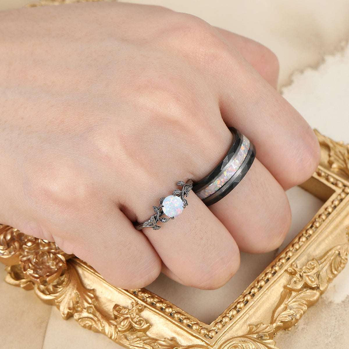 Solitaire Round Pink White Opal Engagement Couples Ring Anniversary Ring For Men And Women