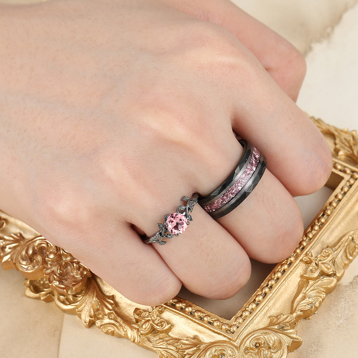 Solitaire Pink Morganite Prongs Engagement Couple Rings Matching Pink Tungsten Promise Wedding Bands