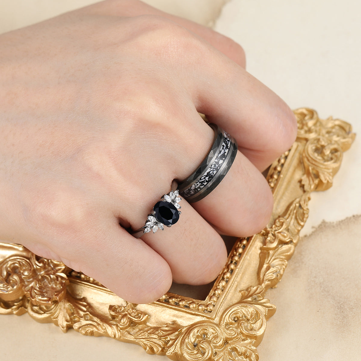 Gorgeous Natural Black Onyx Engagement Rings For Couples Black Tungsten Anniversary Wedding Band