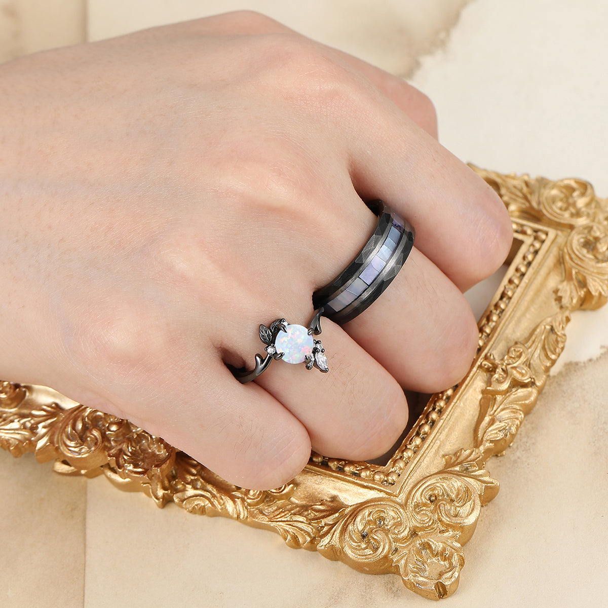 Blooming Flower Design Pink White Opal Couple Rings Matching Hammered Tungsten Promise Band