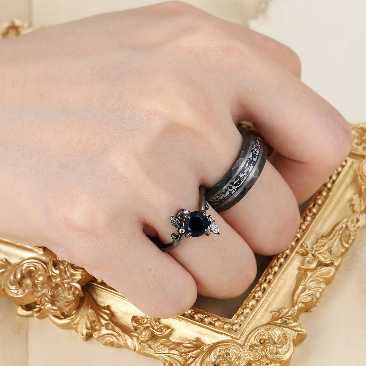 Art Deco Black Onyx Twig Engagement Couple Rings Unique S925 And Tungsten Marriage Ring