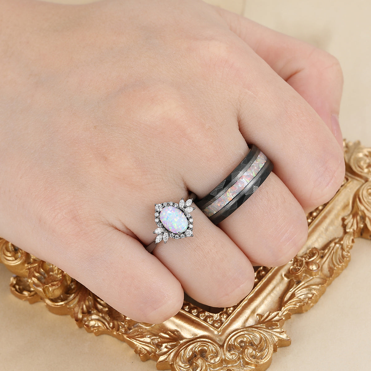 Unique Pink White Opal Halo Engagement Couple Rings S925 And Tungsten Wedding Ring