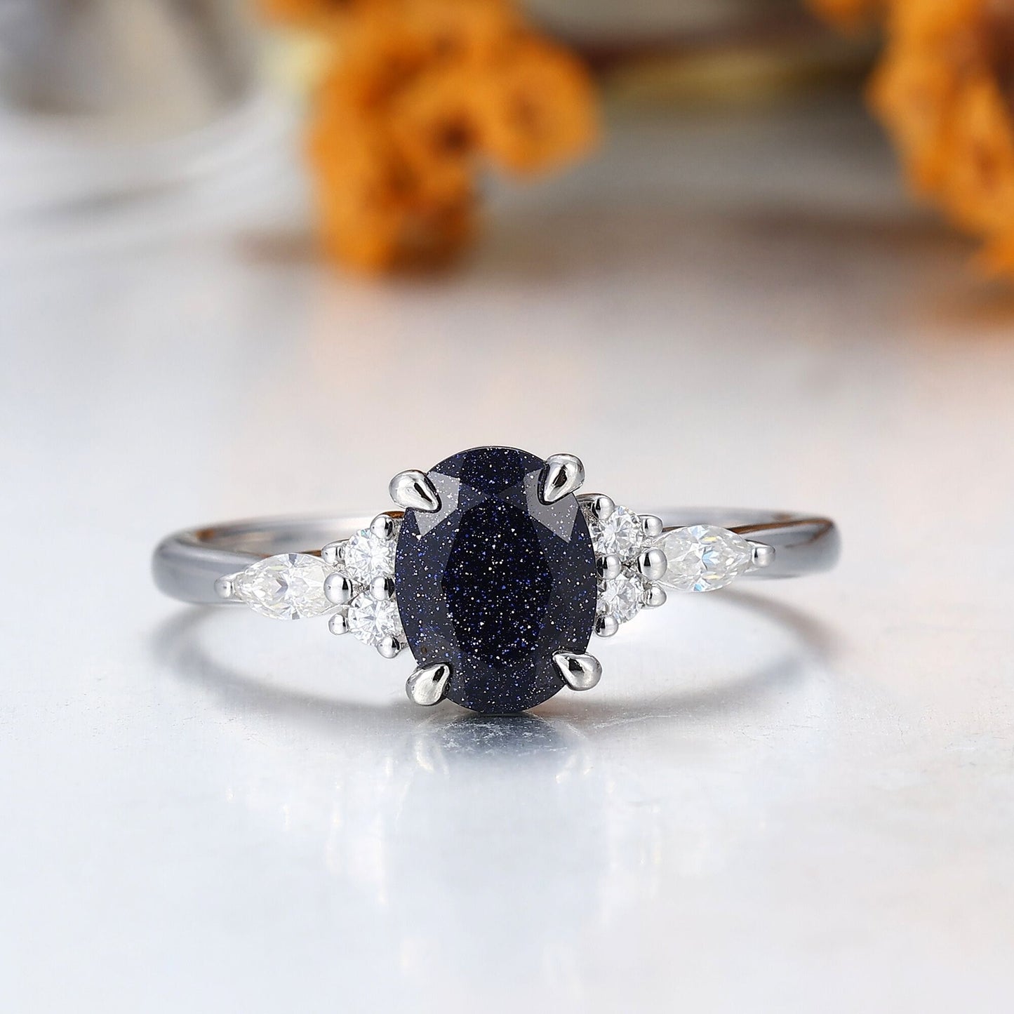 Nebula Blue Sandstone Couple Ring Dark Blue S925 And Tungsten Matching Ring