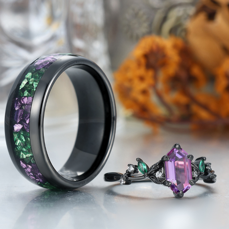 Fascinating Long Hexagon Amethyst Leaf Engagement Couple Rings Matching Tungsten His and Hers Wedding Band