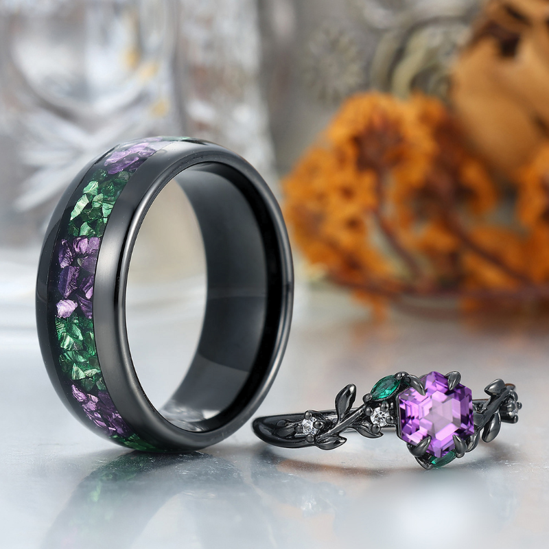Fascinating Amethyst Leaf Engagement Couple Rings Matching Tungsten His and Hers Wedding Band