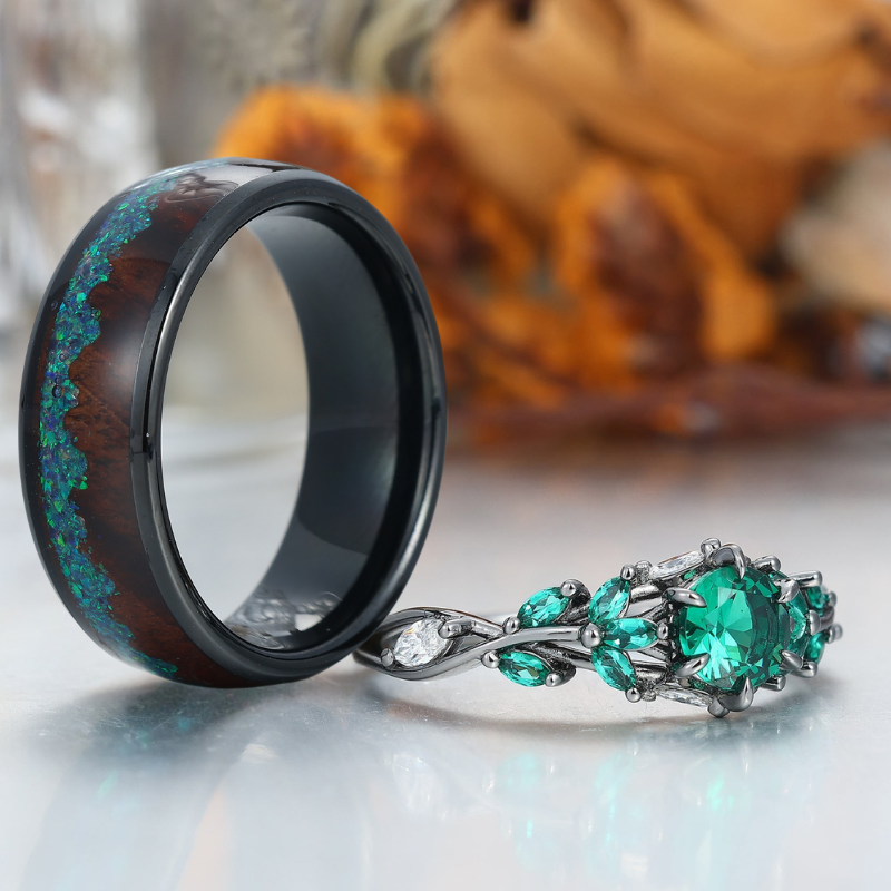 Emerald Engagement Couples Ring Set And Wood Inlay Tungsten Matching Ring His and Hers Ring Set