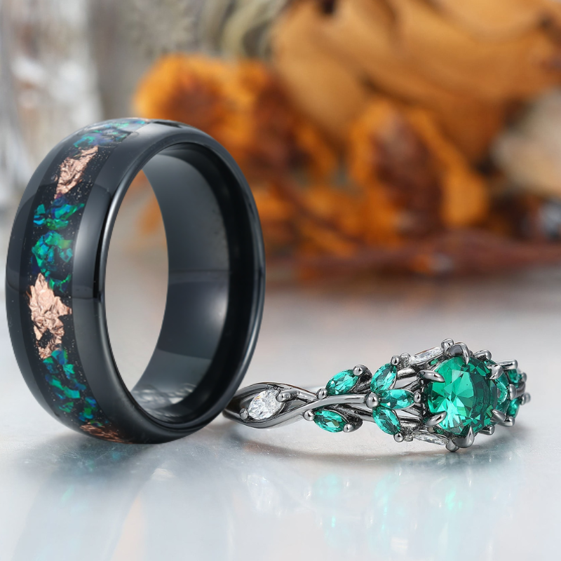 Emerald Engagement Couples Ring Set And Green Tungsten Matching Ring His and Hers Ring Set