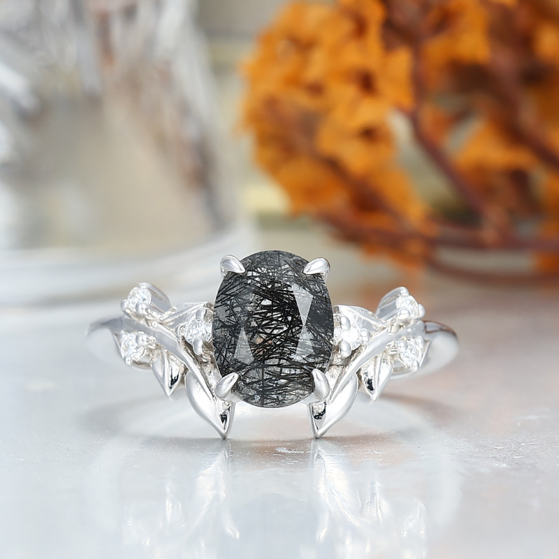 Dainty Black Rutilated Quartz Leaf Couples Ring Meteorite Tungsten Matching Ring